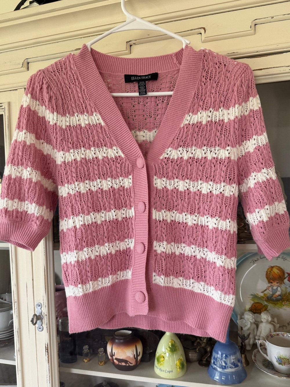 Ellen Tracy Pink & White Striped Openwork Button Cardigan